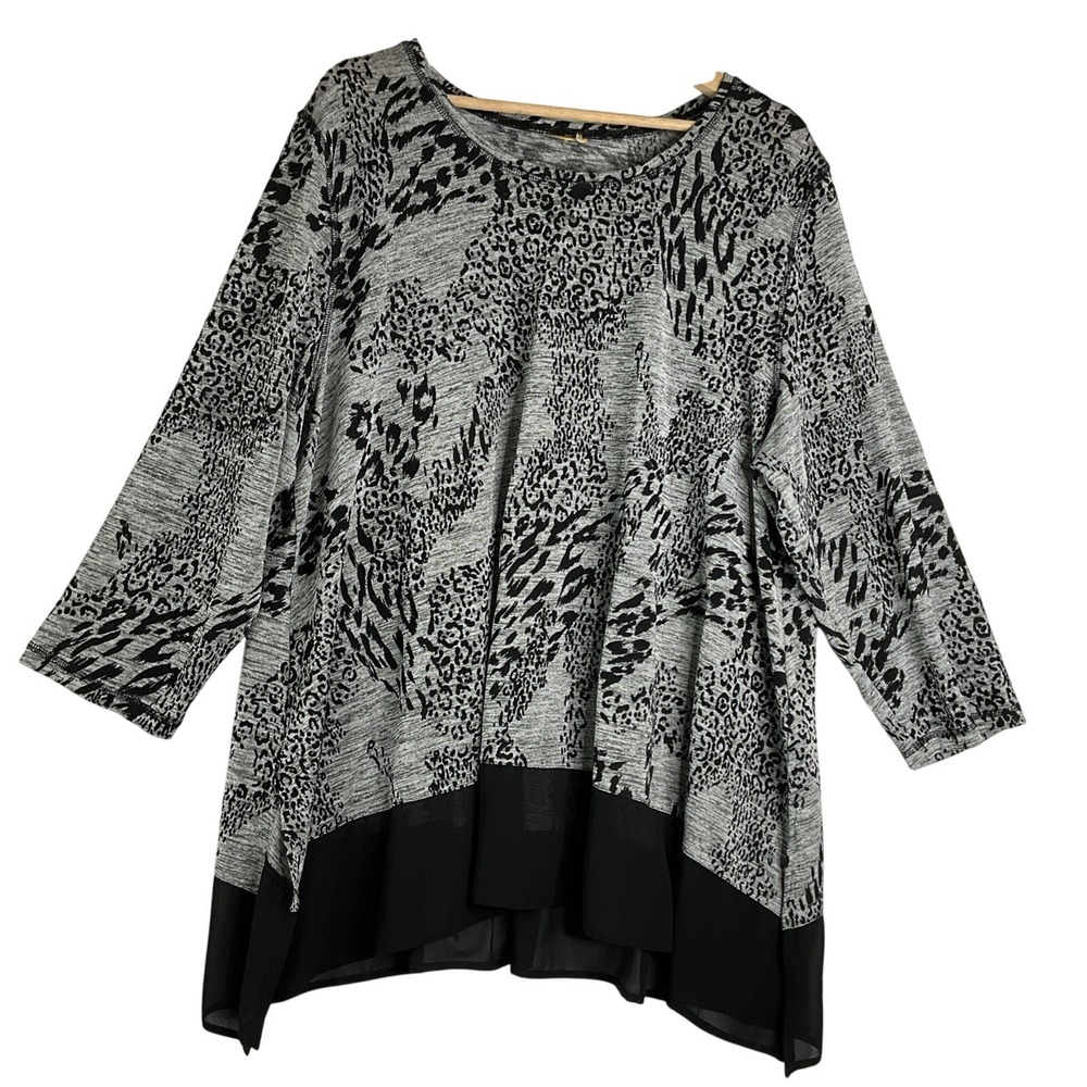 Animal Print Black Stretchy Sheer‎ Trim Lagenlook Whimsigoth Artsy Tunic Top 2X